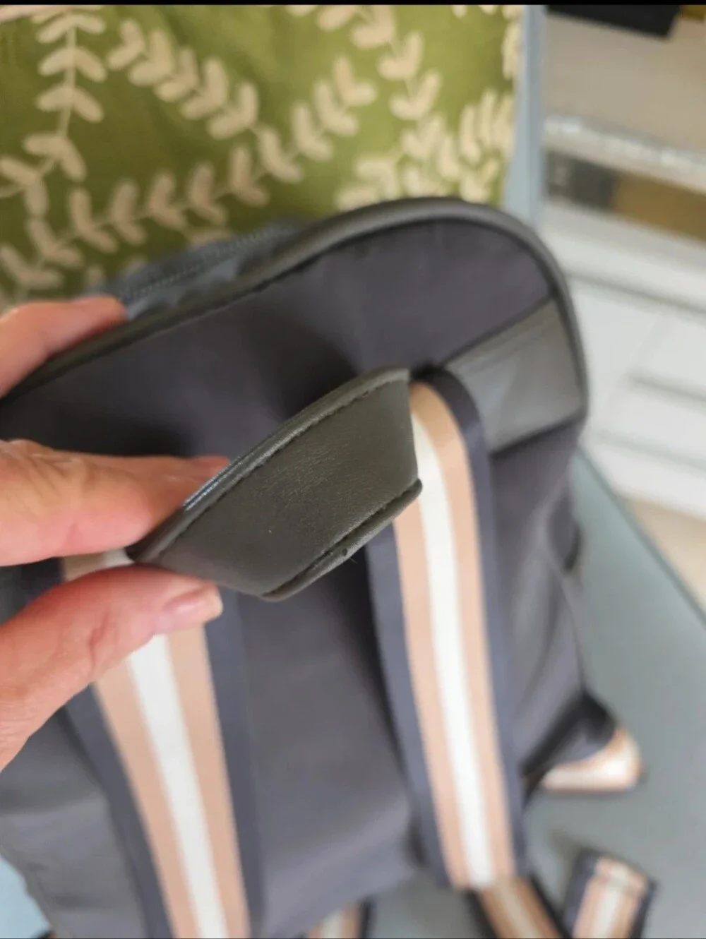 Quilted, Sleek, boxy, Gray Nylon Backpack with Pink-Tan Stripe.